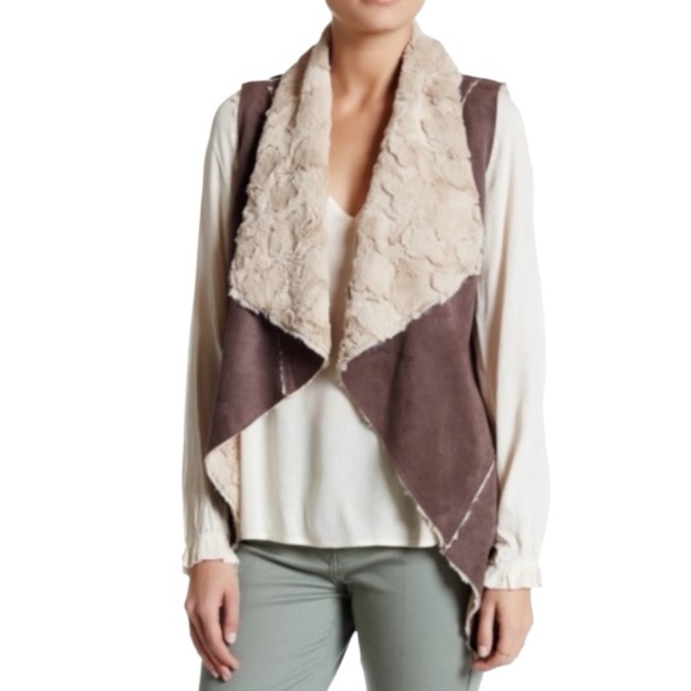 Double Zero Vegan Suede Faux Fur Chocolate Brown Open Front Cardigan Vest